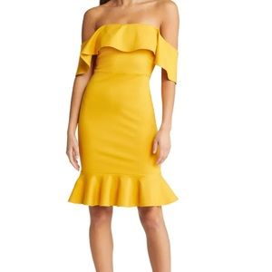 Lulus mustard off the shoulder cocktail dress
